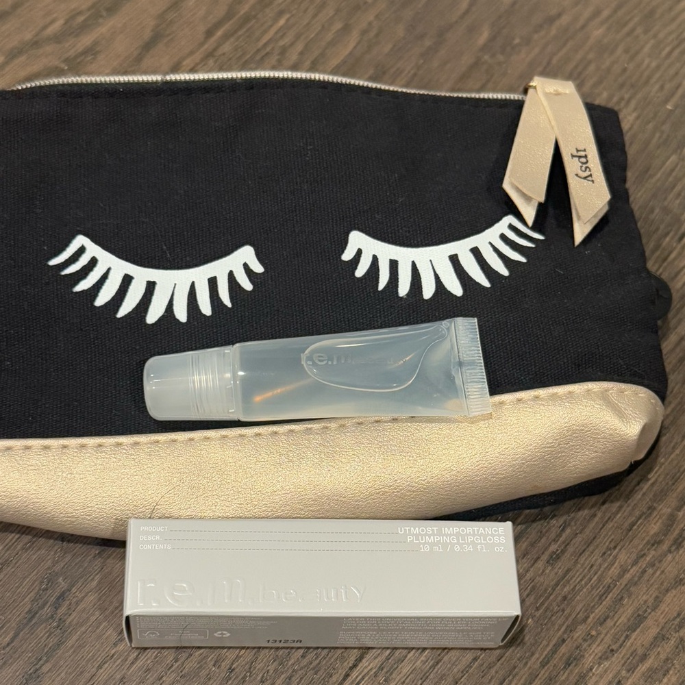 Ipsy Black & White Eyelash Cosmetic Pouch + R.E.M. beauty Utmost Lip Gloss
